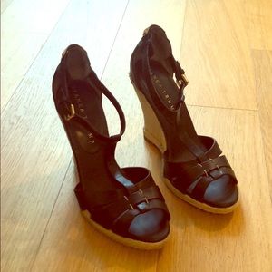 Ivanka Trump black espadrille heels w/gold buckle.